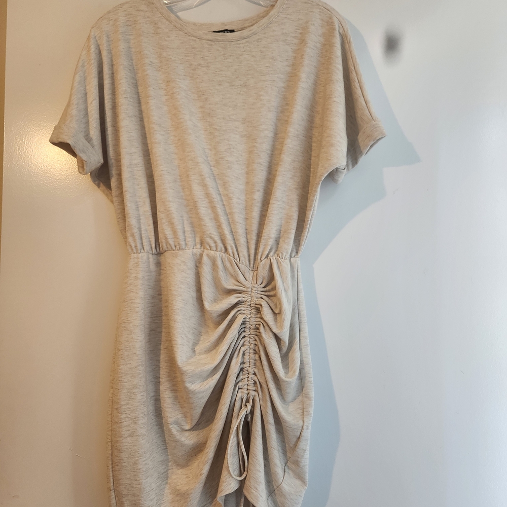 Express Beige Ruched Midi Dress